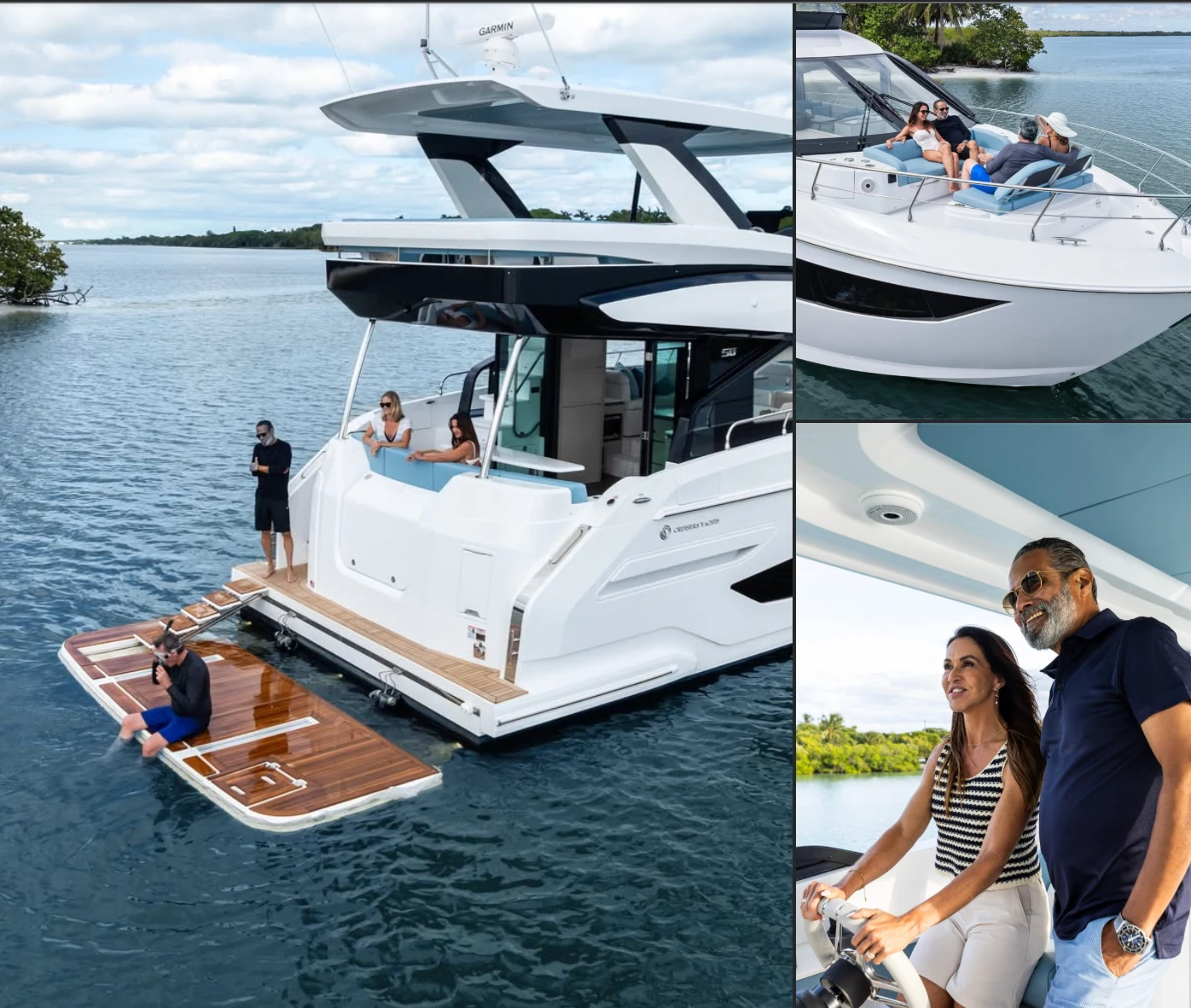 Published Cruisers Yachts 50 FLY campaign collage featuring the yacht, production photographer, and Anthony with the other campaign talent