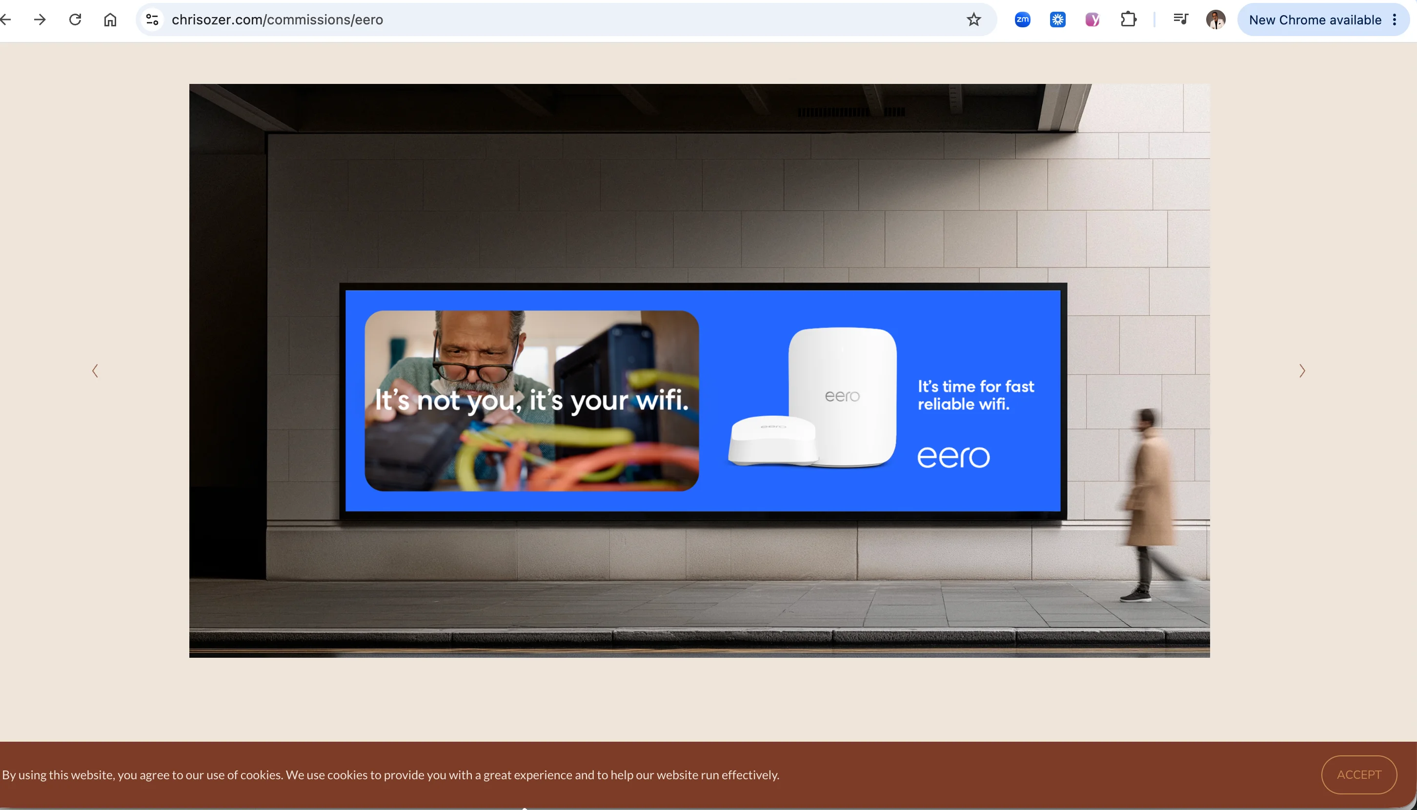 eero billboard featuring Anthony’s router campaign photograph, with a passerby and the surrounding pavement and building